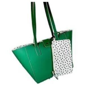 Tommy Bahama Tote Bag Large Faux Leather Reversible Green White Polkadot w/Pouch